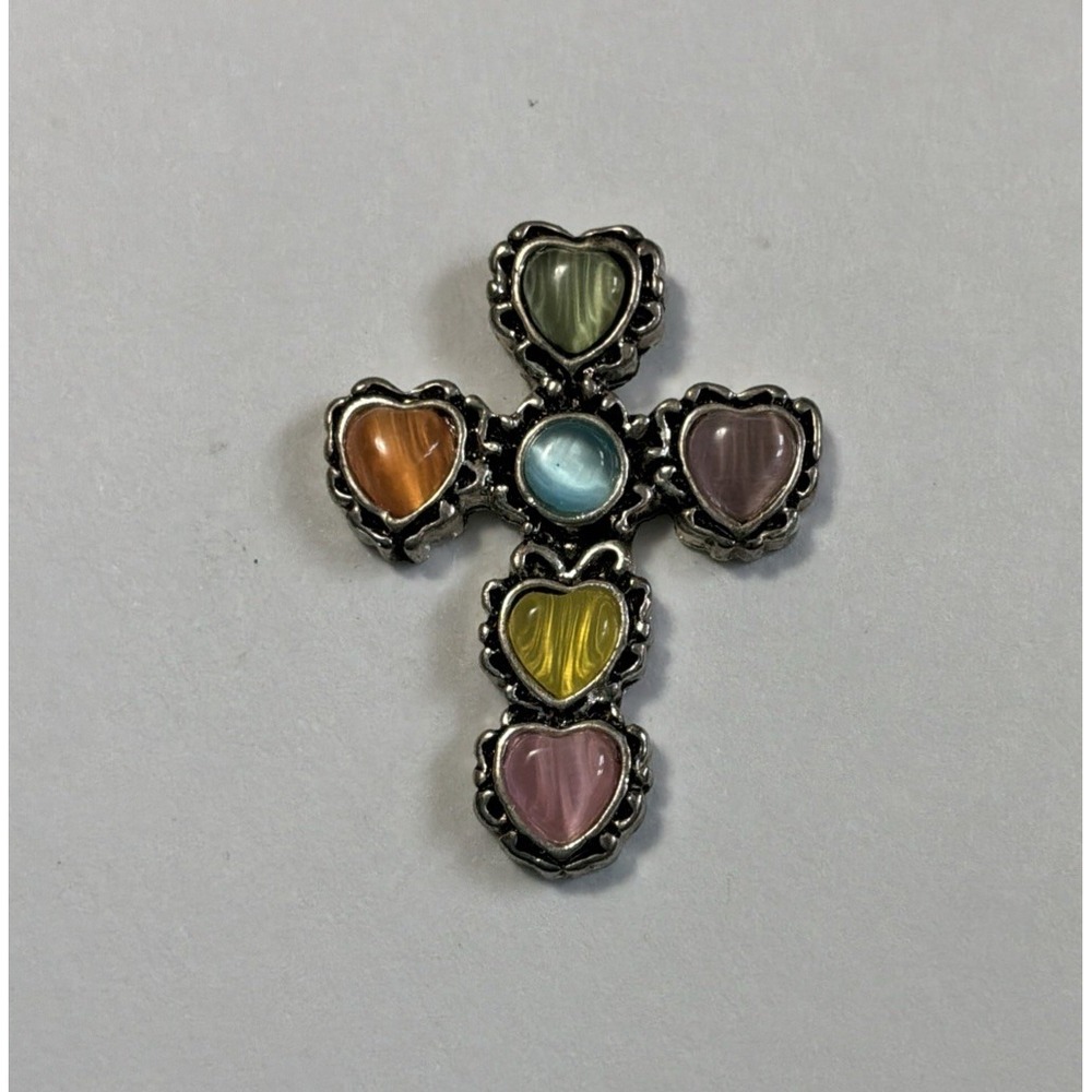 Vtg Multi Gemstone Cross Heart Lapel Hat Pin Brooch Pinback Silver Tone